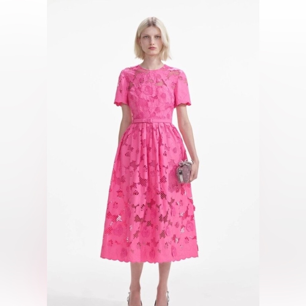 Self-Portrait Cotton Lace Midi Dress Pink SS24 | UK 8 / US 4